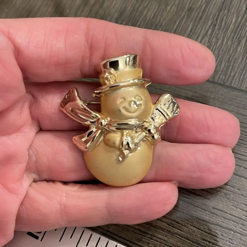 Vintage Matte & Shiny Gold-tone Colored Snowman Pin Holiday Brooch Christmas Pin